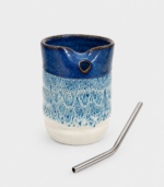 Blue Speckled Ceramic Tumbler with Stainless Steel Straw