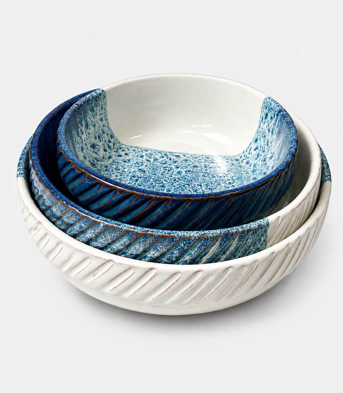 95 Blue & White Ribbed Ceramic Bowl Set - Image 1